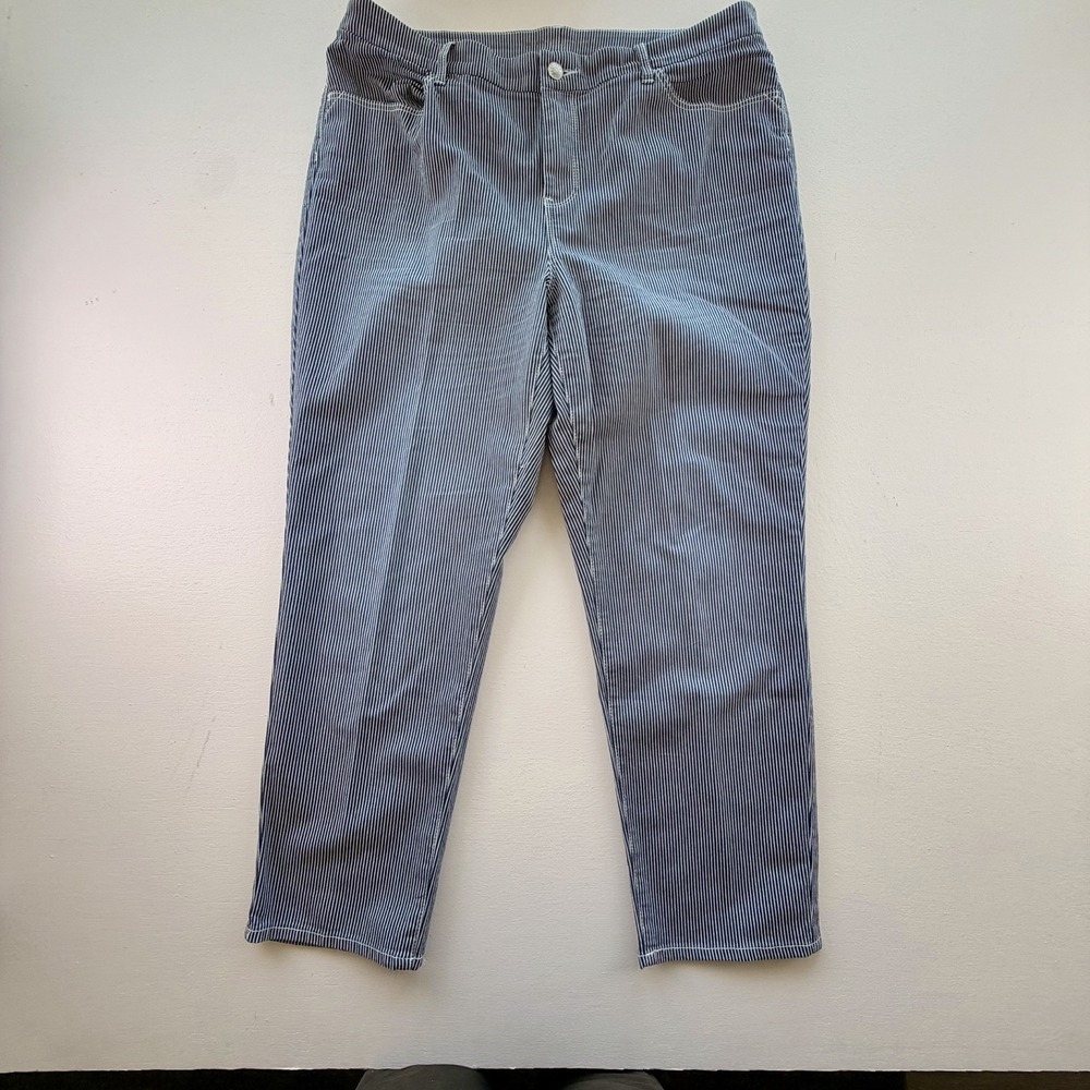 Chico's Blue White Striped Capri Pants Women's Regular Size 3, Ankle, Coastal